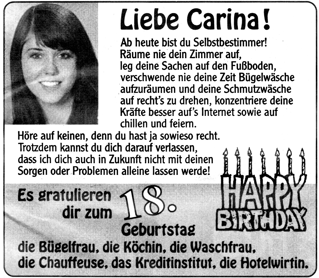 Liebe Carina! Geburtstagsanzeige  --  KoKa Augsburg