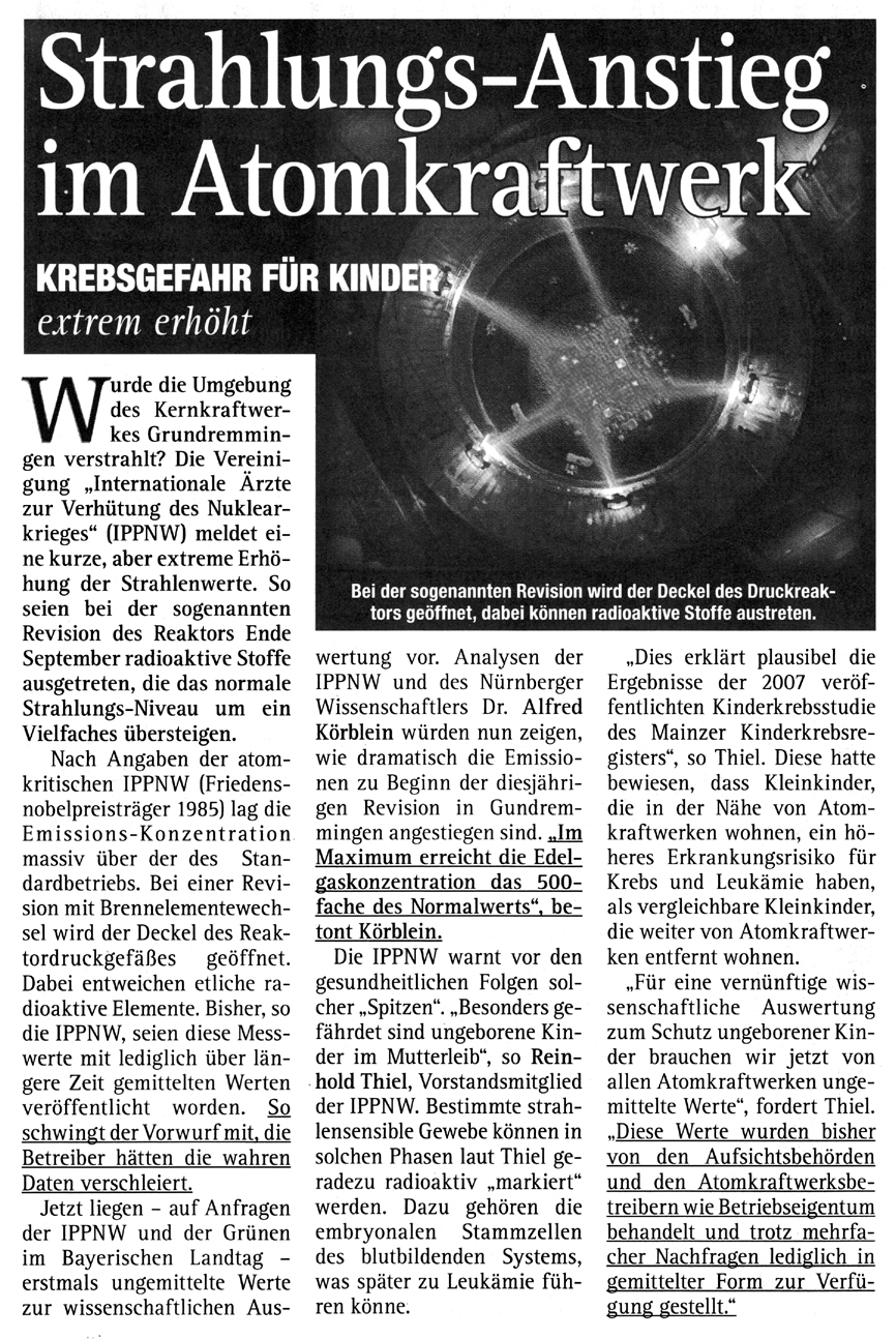 Krebsgefahr fuer Kinder: AKW Gundremmingen - neue SonntagsPresse v. 13.11.2011